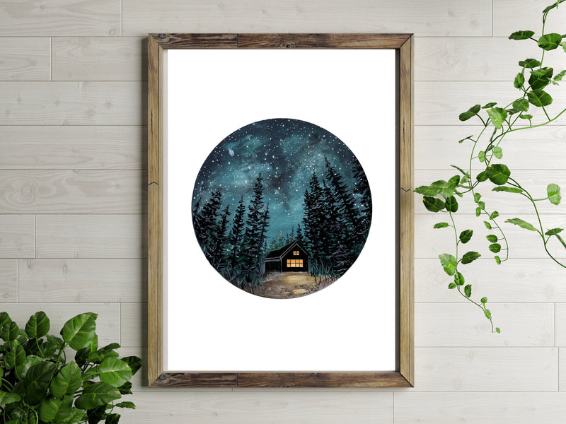 Cabin Under the Stars Art Print