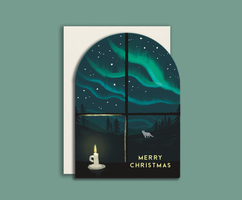 Pack of 4 Arched Christmas Cards | Scandinavian Cabin, Window, Polar Bear & Trees