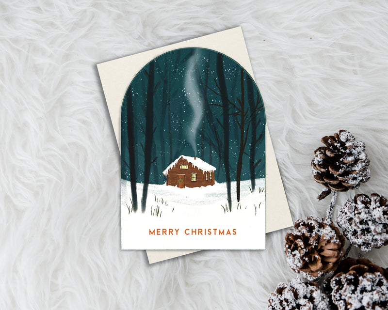 Pack of 4 - Snowglobe Cabin Christmas Card