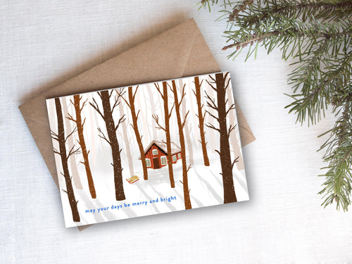 Merry & Bright Cabin - Illustrated Christmas Card