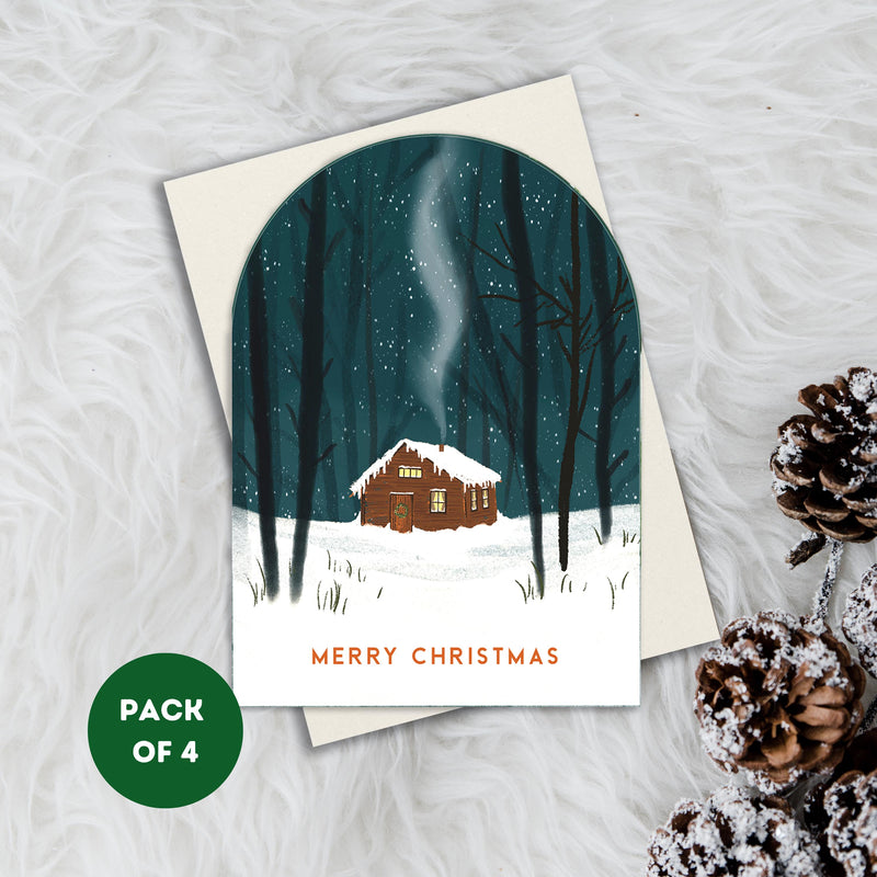 Pack of 4 - Snowglobe Cabin Christmas Card